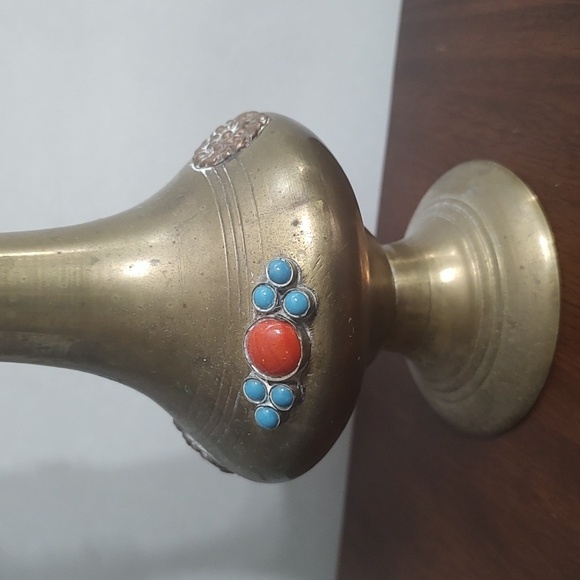 Brass Vase Coral Turquoise Glass Design - Picture 3 of 12